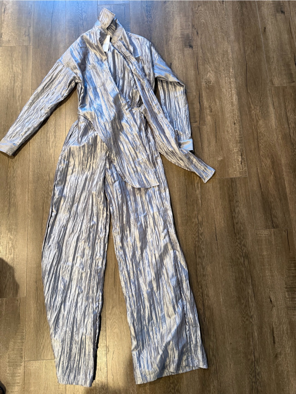 Metallic Textured Wide-Leg Jumpsuit with Tie Waist